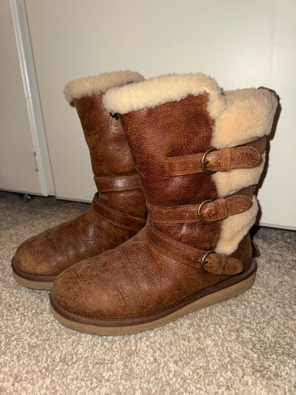 UGG Chestnut Brown and Cream Shearling Mid-Calf Buckle Boots